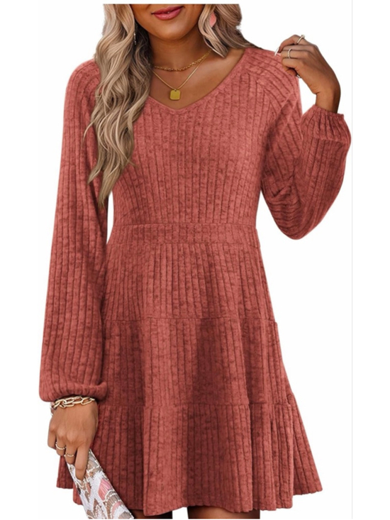 LUXVEER Dresses & Skirts - NEW Soft Long Sleeve V Neck Sweater Dress Ribbed Knit Casual mini Dress L